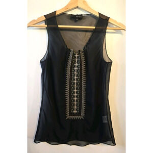 Vintage Y2K Tank Top XS Black Gold Sheer Embroidered Metallic Gypsy Boho Shirt